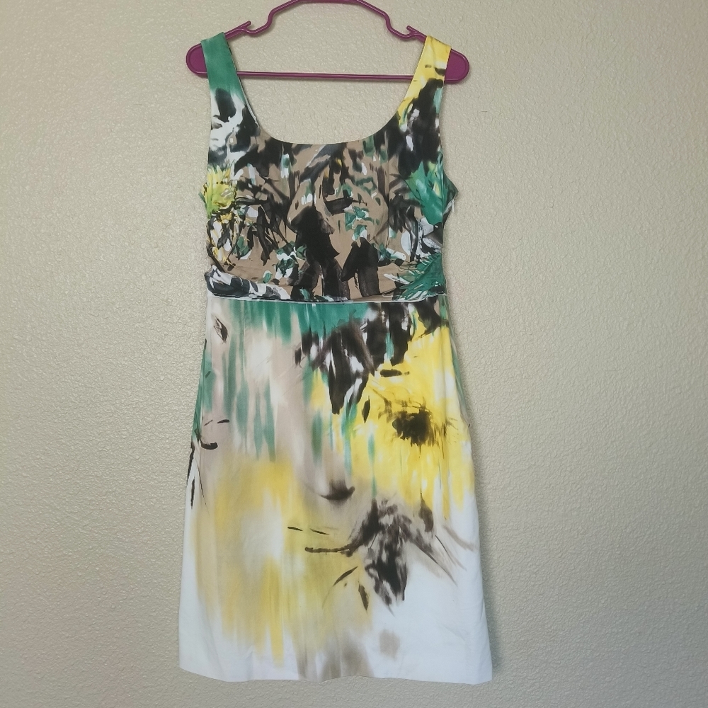 Tahari Sleeveless Cotton Dress with Watercolor Daffodils Print, Size 8 Knee Leng